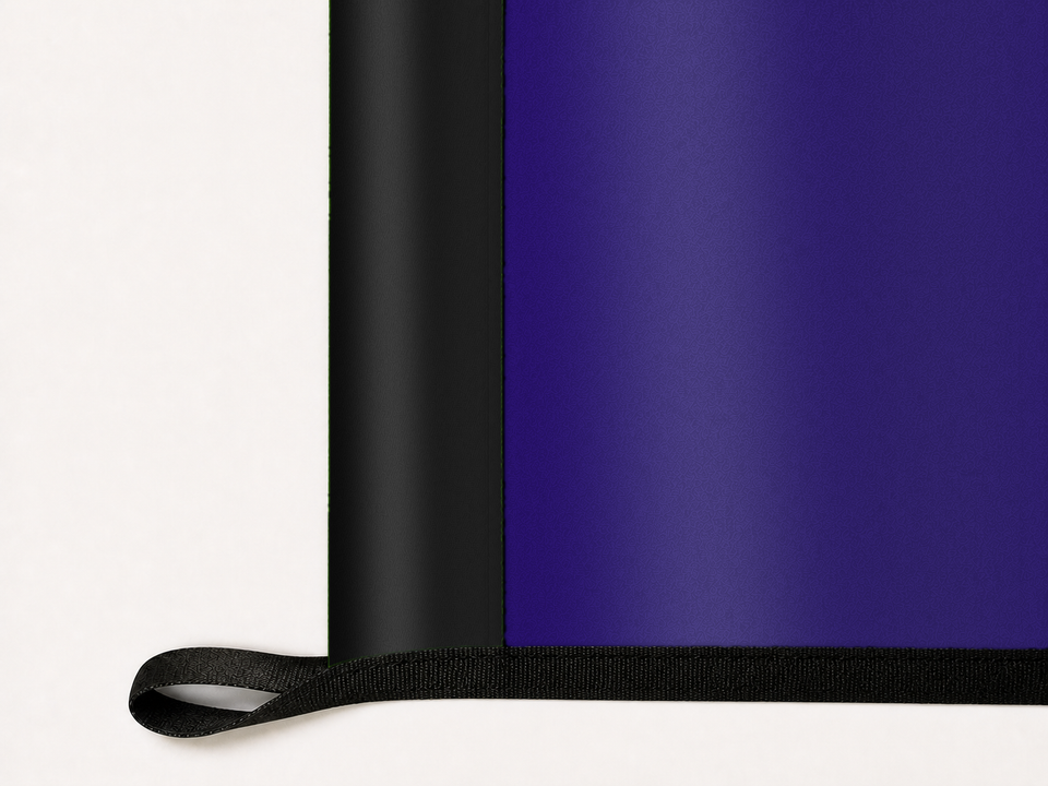 Baltimore Ravens Authentic Gameday Flag underside and personalization construction view — continuous restrained woven-satin Baltimore Ravens Accent header, textured Baltimore Ravens Primary face, lower black loop and perimeter webbing — source_sha256=7375780cbb30a98158f984862dfa283d2c6ec1351035ceee89ec349348d84896