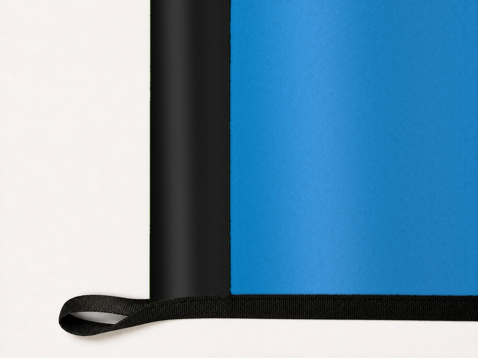 Carolina Panthers Authentic Gameday Flag underside and personalization construction view — continuous restrained woven-satin Carolina Panthers Accent header, textured Carolina Panthers Primary face, lower black loop and perimeter webbing — source_sha256=1a7127c3378a752154567cd1d4753afa31c875b590701a605665efb54724ff5f