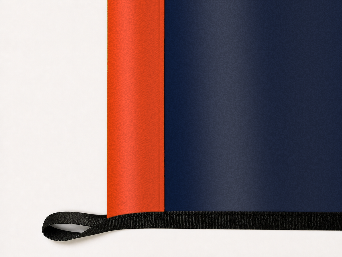 Chicago Bears Authentic Gameday Flag underside and personalization construction view — continuous restrained woven-satin Chicago Bears Accent header, textured Chicago Bears Primary face, lower black loop and perimeter webbing — source_sha256=b58db901fc0a7d8360307a6bee89370935519cf31880415c40a3929be66b7ace