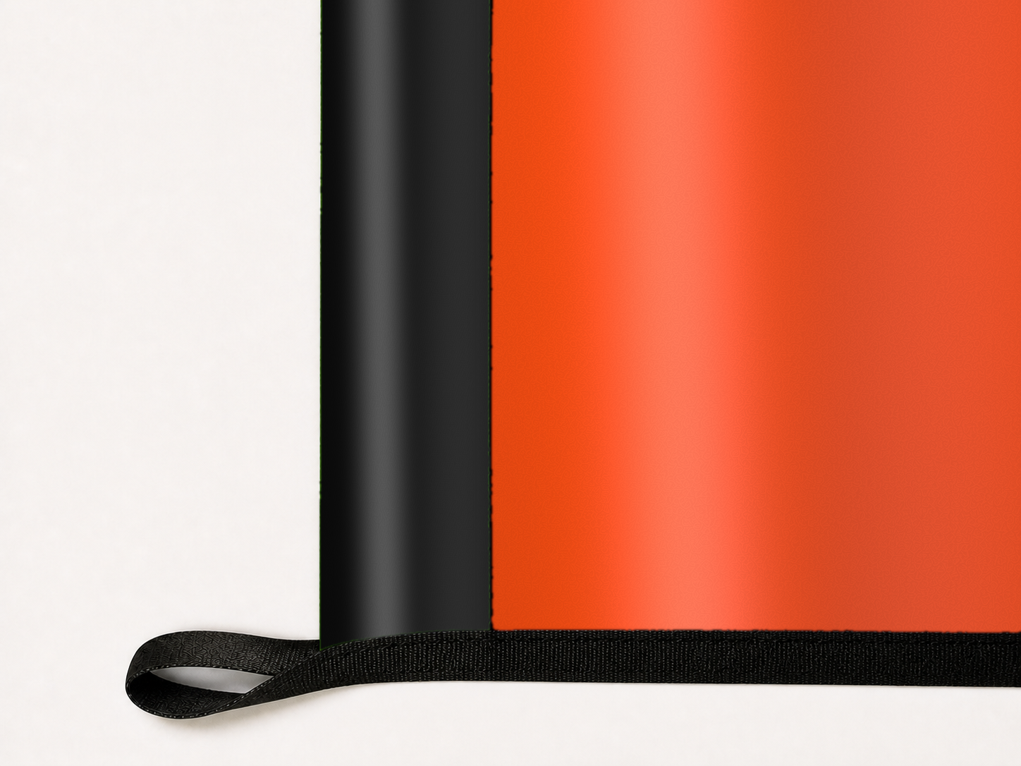 Cincinnati Bengals Authentic Gameday Flag underside and personalization construction view — continuous restrained woven-satin Cincinnati Bengals Accent header, textured Cincinnati Bengals Primary face, lower black loop and perimeter webbing — source_sha256=e8771d2abc99eaaef6c0b50c7437b58a44c15f346ce73c29457d5ce6b8cd941b