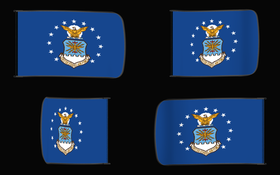 United States Air Force Flag Authentic Gameday Flag — clean black four-view contact proof showing Front Design, Front Flying, Back Flying, and Back Design — source_sha256=652d69c68b32c70ed9f6c9a5429cb7c12fa81a3159da123bc1b837fe42fc5daa