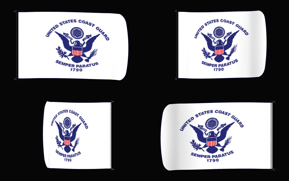 United States Coast Guard Flag Authentic Gameday Flag — clean black four-view contact proof showing Front Design, Front Flying, Back Flying, and Back Design — source_sha256=95c953bab4443308c8733bb7c7fca47031f624249d1e3391b0bb32d7a8f954c7