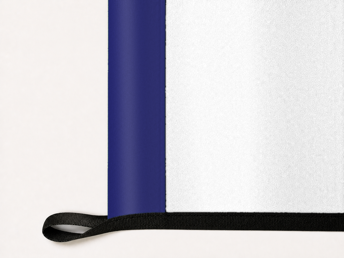 United States Coast Guard Flag Authentic Gameday Flag underside and personalization construction view — continuous restrained woven-satin Coast Guard Blue Header header, textured White Field face, lower black loop and perimeter webbing — source_sha256=15984247583bfe85bffcd5875a6722e0cdcf4ebeef81d9e7714aaecf6a8ac68f