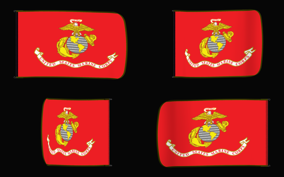 United States Marine Corps Flag Authentic Gameday Flag — clean black four-view contact proof showing Front Design, Front Flying, Back Flying, and Back Design — source_sha256=ce4d2a8d31d3939dcf4463868d008aadbbb85e60e804716aad1d400a65c2e4ab