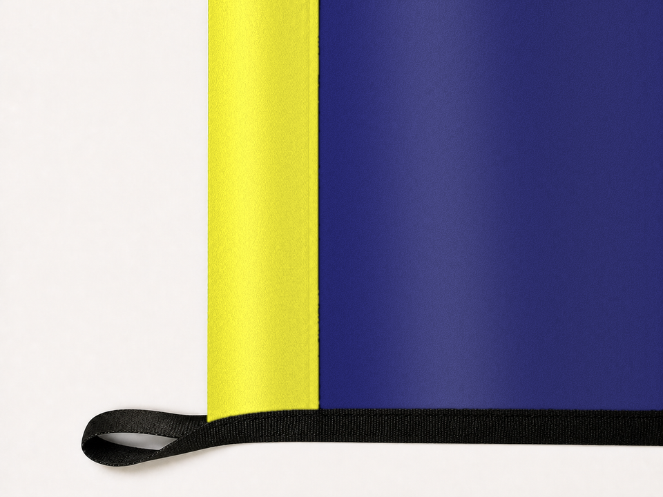 United States Navy Flag Authentic Gameday Flag underside and personalization construction view — continuous restrained woven-satin Navy Gold Header header, textured Navy Blue Field face, lower black loop and perimeter webbing — source_sha256=0f2bdf47d19226e0f2985120a39c60b7070dd14dbf3bd3cd33e5b23c4a78ce24