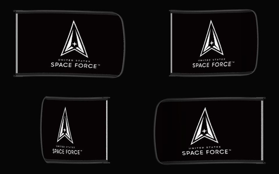 United States Space Force Flag Authentic Gameday Flag — clean black four-view contact proof showing Front Design, Front Flying, Back Flying, and Back Design — source_sha256=0c5d7341b5f771ca4ff1b304c870fb1566109fcd8589392cfd193ec155aa98a5