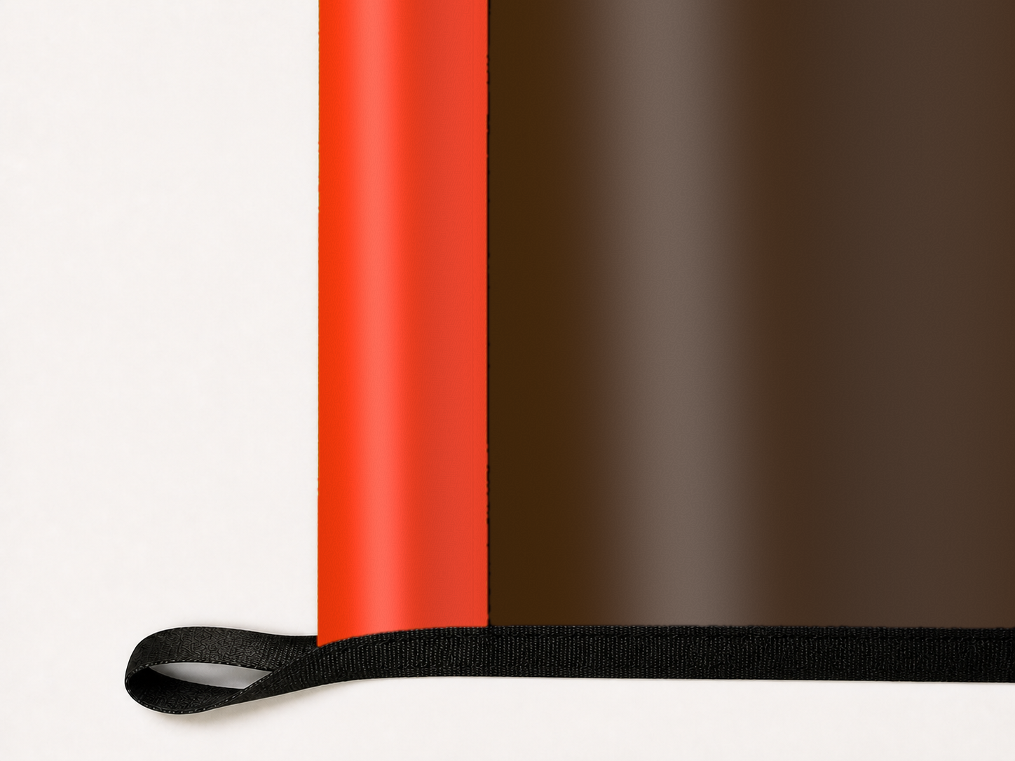Cleveland Browns Authentic Gameday Flag underside and personalization construction view — continuous restrained woven-satin Cleveland Browns Accent header, textured Cleveland Browns Primary face, lower black loop and perimeter webbing — source_sha256=8fbe4cc8e944cedece513a04b83b5c3101ad157ab578f205eb825c140fcabdf6