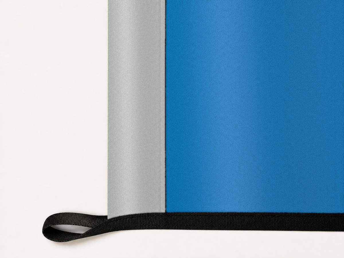 Detroit Lions Authentic Gameday Flag underside and personalization construction view — continuous restrained woven-satin Detroit Lions Accent header, textured Detroit Lions Primary face, lower black loop and perimeter webbing — source_sha256=fd7aab9b47ad54f723a4b4013d2f05ebd1b29f2c6205e080674af0ee6040a74a