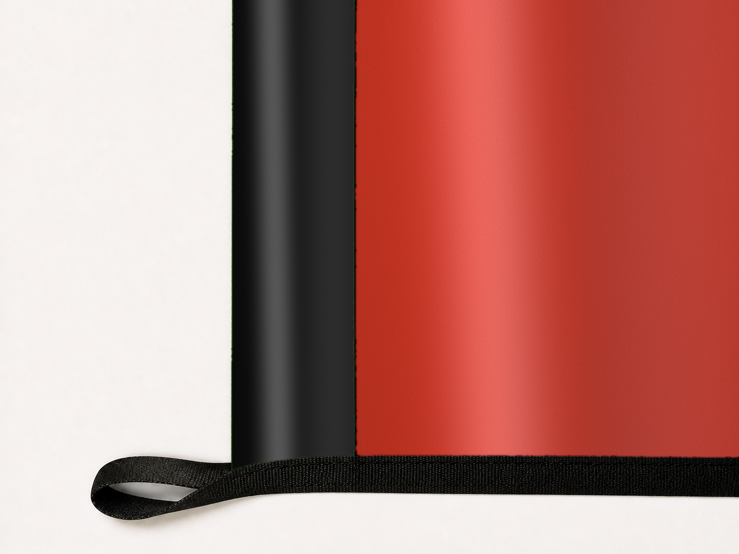 Atlético Madrid Authentic Gameday Flag underside and personalization construction view — continuous restrained woven-satin Atlético Madrid Accent header, textured Atlético Madrid Primary face, lower black loop and perimeter webbing — source_sha256=2163111117f49c543894123c74195f0ea1111995df202e45288380fe7e4f860f