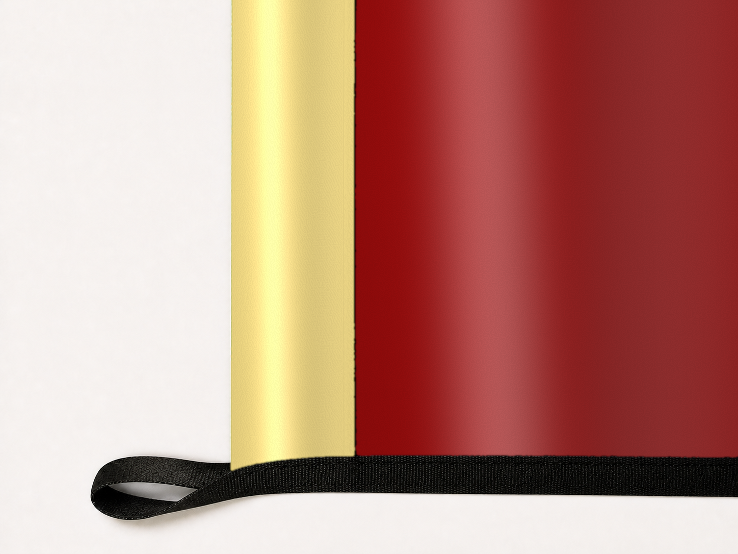 Barcelona Authentic Gameday Flag underside and personalization construction view — continuous restrained woven-satin Barcelona Accent header, textured Barcelona Primary face, lower black loop and perimeter webbing — source_sha256=56717d30b97ca1740f3e28c46f79a2749bc8ac1fc1e354f18821c9409b8b72f9