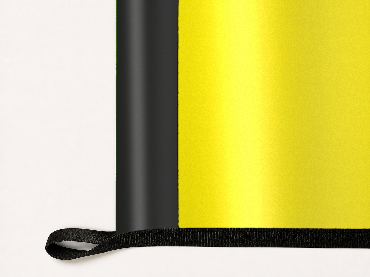 Borussia Dortmund Authentic Gameday Flag underside and personalization construction view — continuous restrained woven-satin Borussia Dortmund Accent header, textured Borussia Dortmund Primary face, lower black loop and perimeter webbing — source_sha256=d7cfb18e31d1b328b273b52a477a387e6e18de4516a90417e0c20ca4f7c77d54