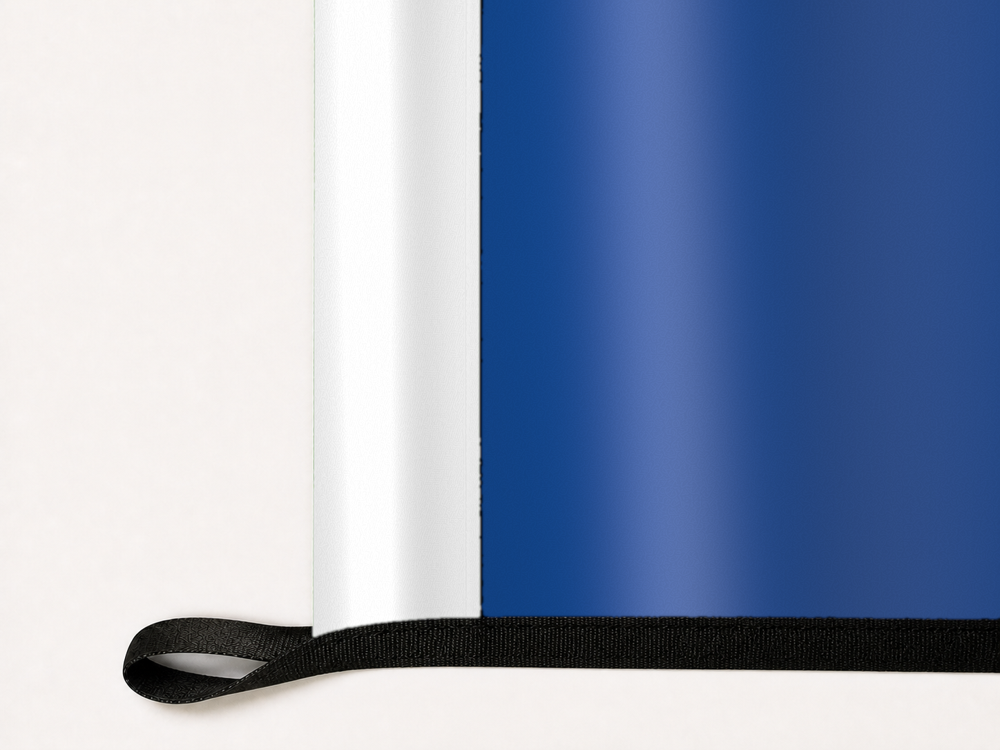 Chelsea Authentic Gameday Flag underside and personalization construction view — continuous restrained woven-satin Chelsea Accent header, textured Chelsea Primary face, lower black loop and perimeter webbing — source_sha256=2bdcd0557a2e5a54f8a83cd77c84b3c2cfbc37633991440d34a778fab9aa6d8c