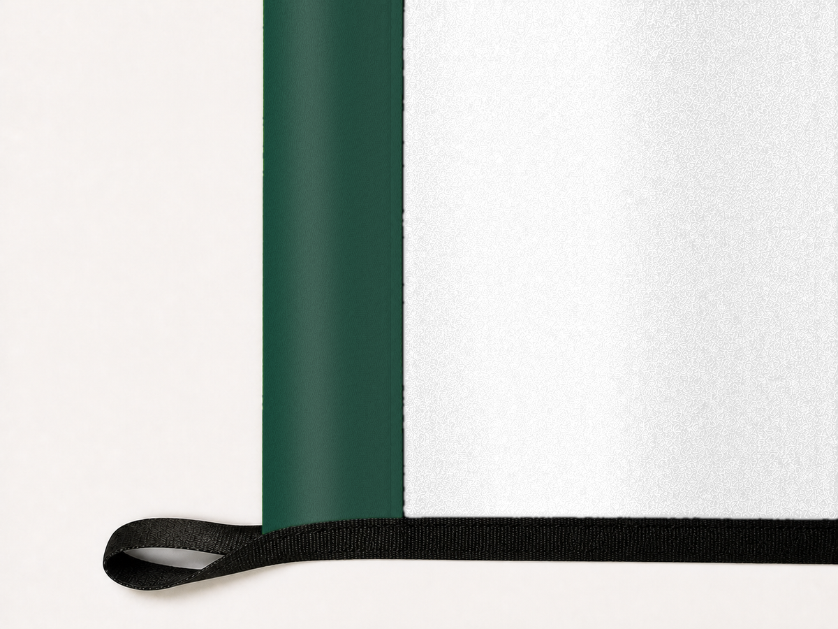 Real Madrid Authentic Gameday Flag underside and personalization construction view — continuous restrained woven-satin Real Madrid Accent header, textured Real Madrid Primary face, lower black loop and perimeter webbing — source_sha256=ef7be3dad1f59b76d291e57fc0bce4899afcf6aac7e487766c4935786f60a270