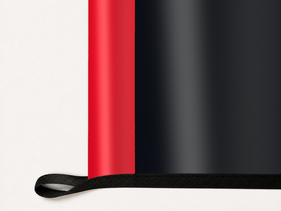Houston Texans Authentic Gameday Flag underside and personalization construction view — continuous restrained woven-satin Houston Texans Accent header, textured Houston Texans Primary face, lower black loop and perimeter webbing — source_sha256=7e2e6025e3291de3fe5e247ef10ba447d999f68e0915d3e4922a59a08caee7fc