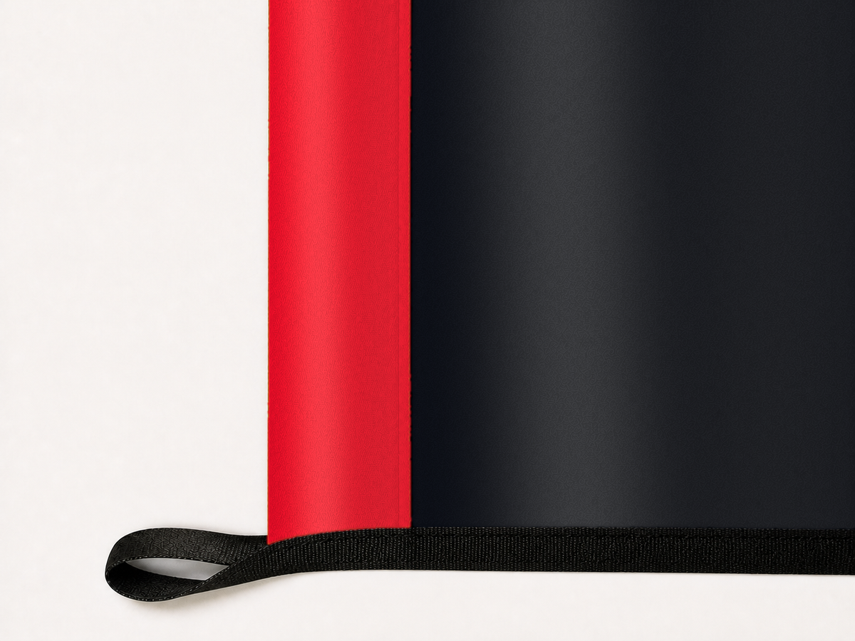 Houston Texans Authentic Gameday Flag underside and personalization construction view — continuous restrained woven-satin Houston Texans Accent header, textured Houston Texans Primary face, lower black loop and perimeter webbing — source_sha256=48c324c37e2a1585525e19f57dd731f93b58d37862750812c0fe78bc2eb89dad
