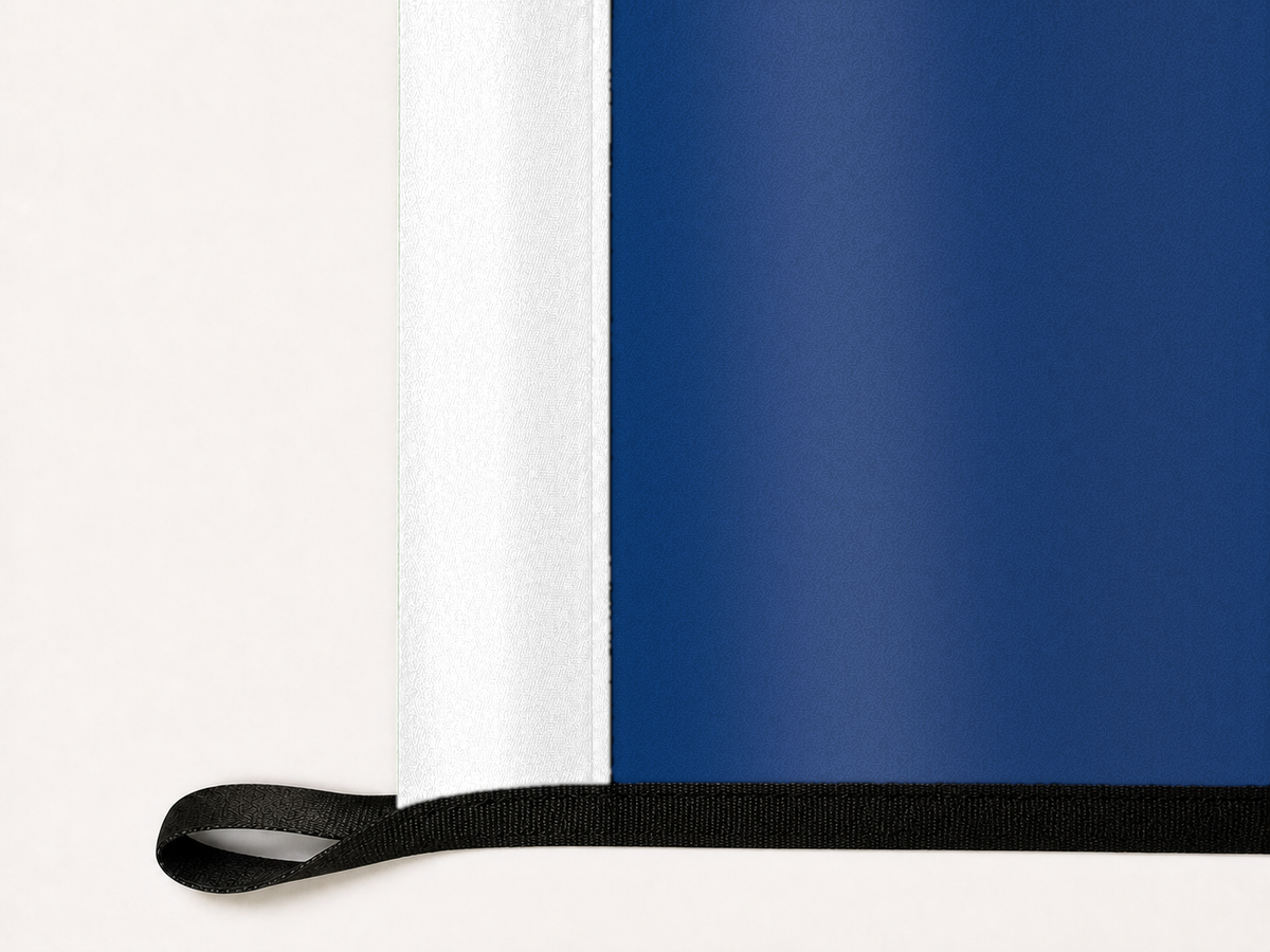 Indianapolis Colts Authentic Gameday Flag underside and personalization construction view — continuous restrained woven-satin Indianapolis Colts Accent header, textured Indianapolis Colts Primary face, lower black loop and perimeter webbing — source_sha256=ef6d3c47c13decc44f5abb01db140d782c0e792bd04ba77dbc76b8d5ba9ceb59