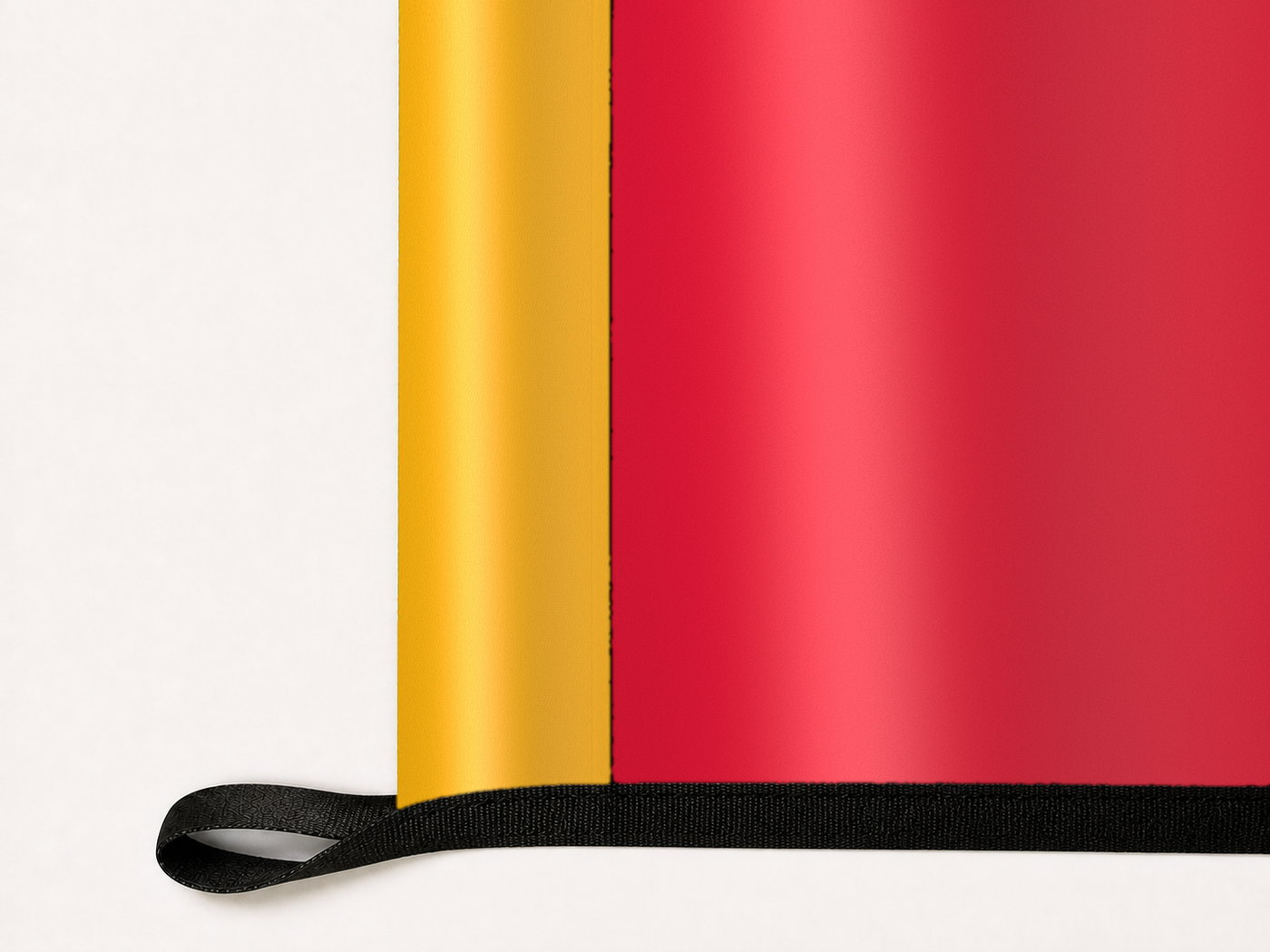 Kansas City Chiefs Authentic Gameday Flag underside and personalization construction view — continuous restrained woven-satin Kansas City Chiefs Accent header, textured Kansas City Chiefs Primary face, lower black loop and perimeter webbing — source_sha256=1837170cccfeed10e5f0a72a648620b6b230ee21e46a1a4329516d68bdacf37b