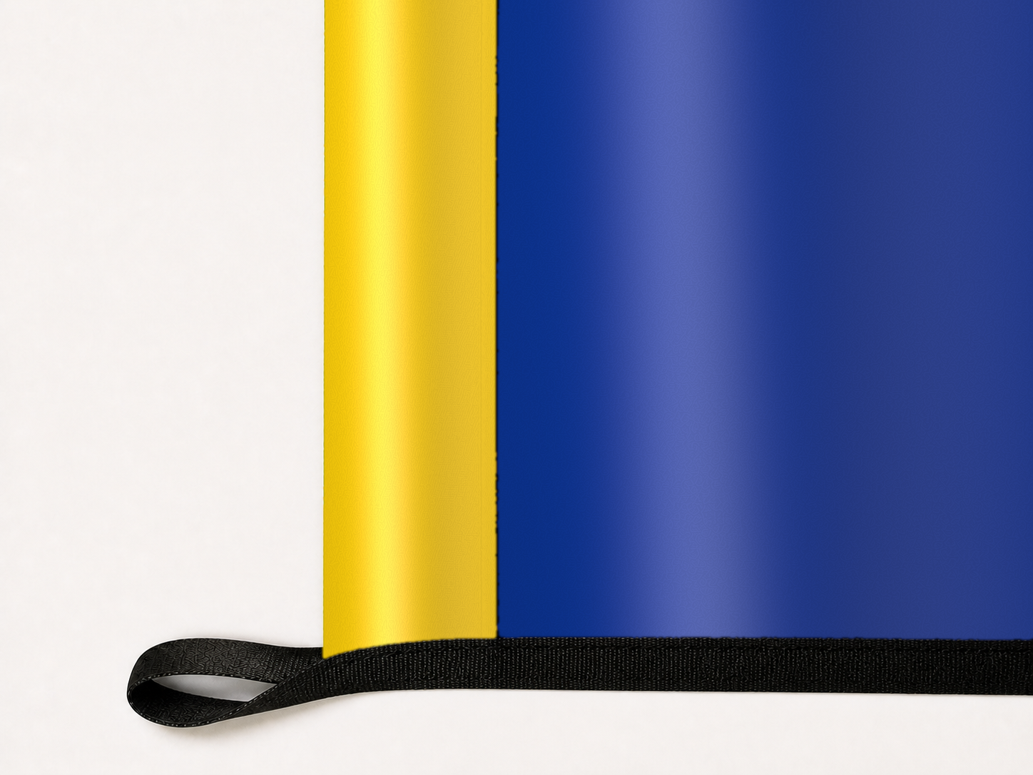 Los Angeles Rams Authentic Gameday Flag underside and personalization construction view — continuous restrained woven-satin Los Angeles Rams Accent header, textured Los Angeles Rams Primary face, lower black loop and perimeter webbing — source_sha256=32b4267910512ffdcaa25ee1bd795a9444c944b3f24ba4bfe80ad1593ca7caf3