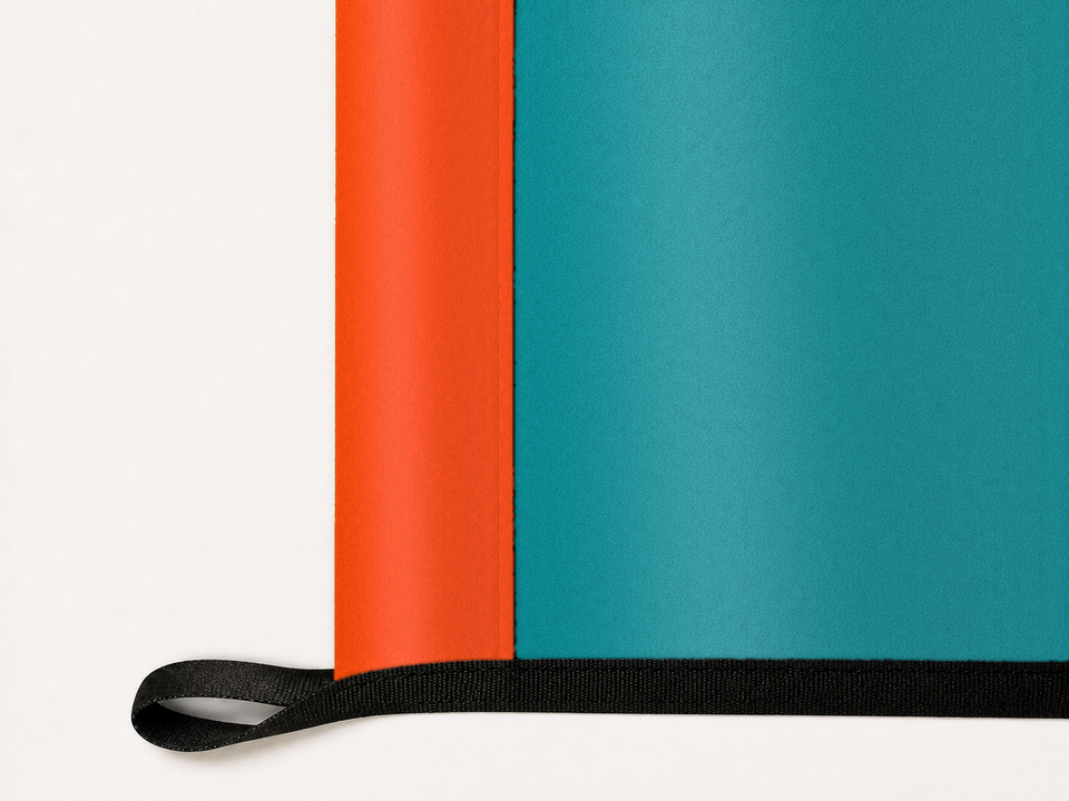 Miami Dolphins Authentic Gameday Flag underside and personalization construction view — continuous restrained woven-satin Dolphins Orange header, textured Dolphins Aqua face, lower black loop and perimeter webbing — source_sha256=a4f1a3a67eecb815a0e23ea2e228a10bf16ff517617e69df7d6b4b955a82b626
