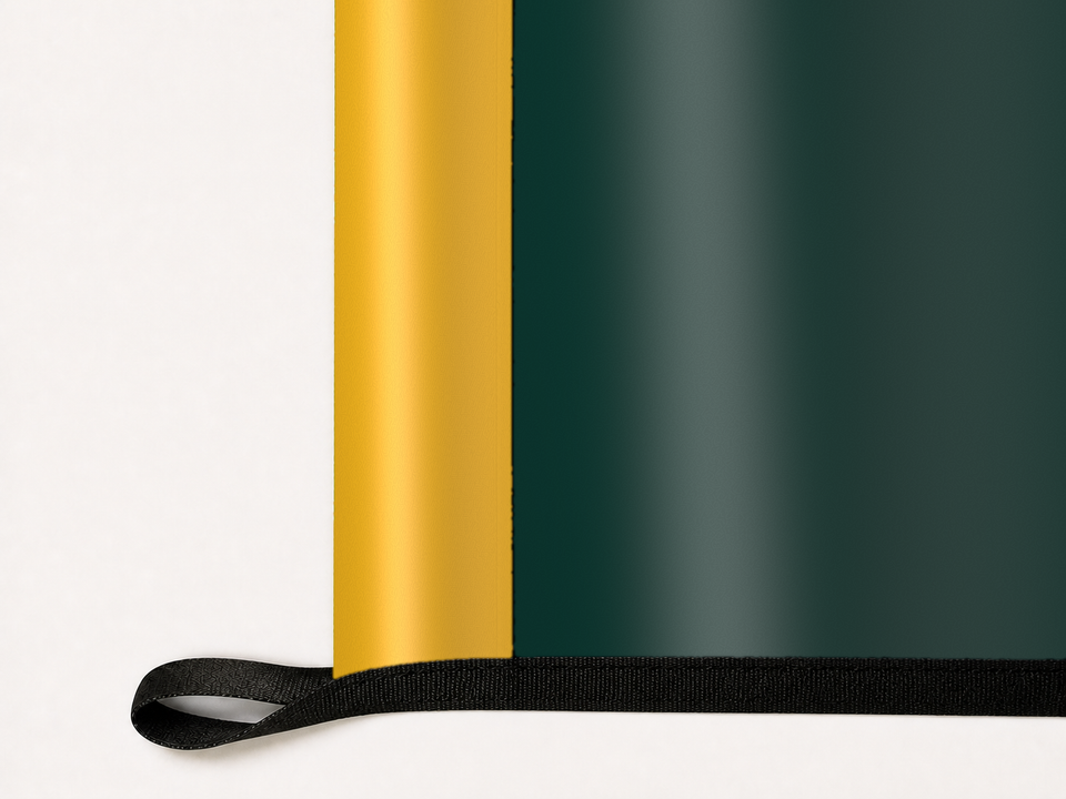 Athletics Authentic Gameday Flag underside and personalization construction view — continuous restrained woven-satin Athletics Accent header, textured Athletics Primary face, lower black loop and perimeter webbing — source_sha256=f870293c75914be0e7fb3cbe6c164fc8a5e113d1a203d1adfbc92e2a35729bd6