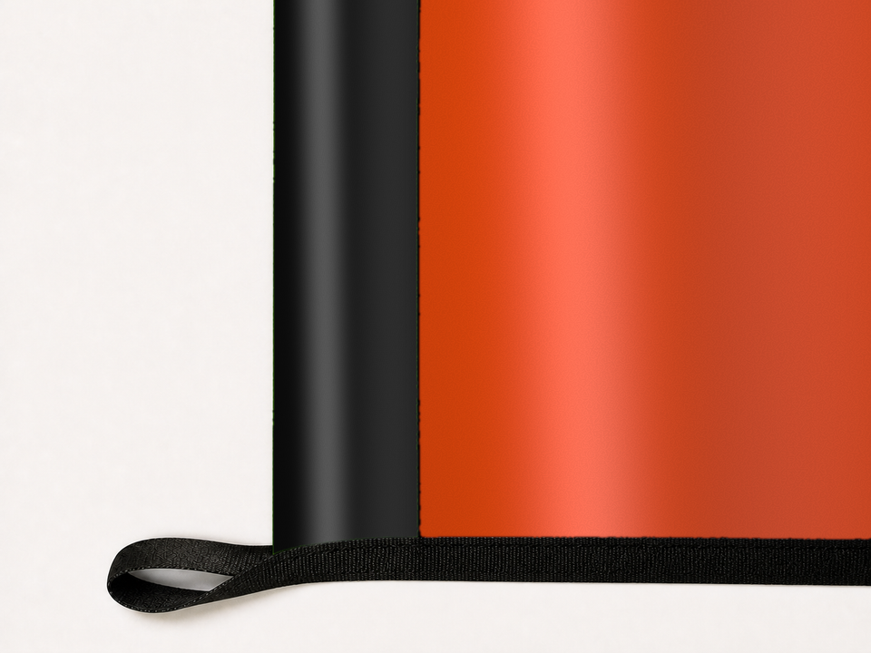 Baltimore Orioles Authentic Gameday Flag underside and personalization construction view — continuous restrained woven-satin Baltimore Orioles Accent header, textured Baltimore Orioles Primary face, lower black loop and perimeter webbing — source_sha256=acd2584d1c051ebd6bd95c69a758da798ad544d6087f8a67a77dae0bbf8e465a