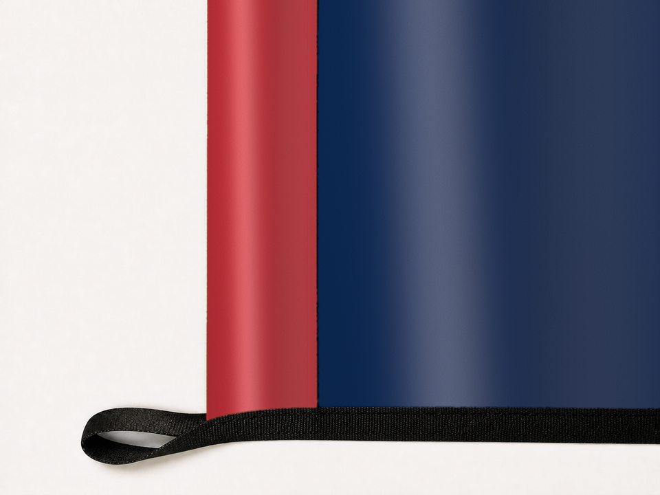 Boston Red Sox Authentic Gameday Flag underside and personalization construction view — continuous restrained woven-satin Boston Red Sox Accent header, textured Boston Red Sox Primary face, lower black loop and perimeter webbing — source_sha256=04603408e57201bad9d38a73bf5f1d60d42ea2da1164108e66cfc33d2650c12b