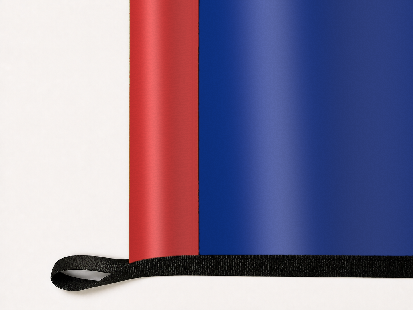 Chicago Cubs Authentic Gameday Flag underside and personalization construction view — continuous restrained woven-satin Chicago Cubs Accent header, textured Chicago Cubs Primary face, lower black loop and perimeter webbing — source_sha256=84f44cc3443dcbc351dc896ad07cedb7a016ba5310e1da546c58b6fbb5e14dc6