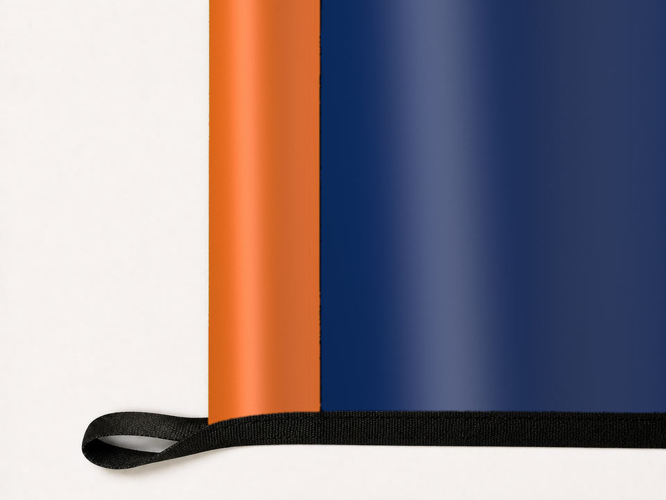 Houston Astros Authentic Gameday Flag underside and personalization construction view — continuous restrained woven-satin Houston Astros Accent header, textured Houston Astros Primary face, lower black loop and perimeter webbing — source_sha256=4e9b8ad81972d191c2c7b1177d2f77b363297d579976ced5cc95bf4040c50b16