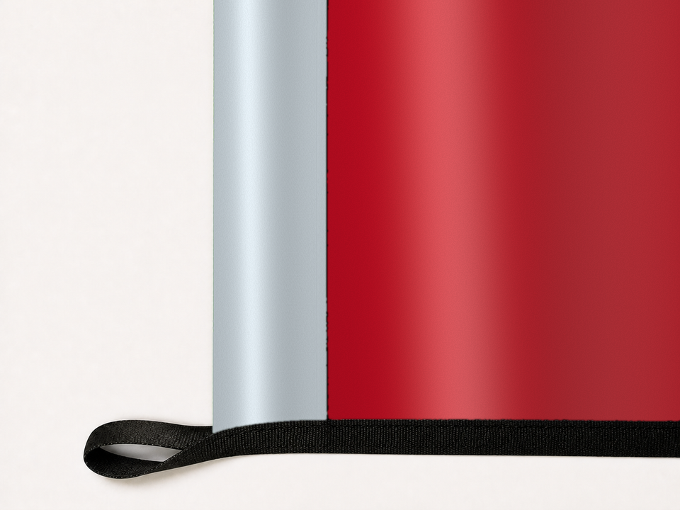 Los Angeles Angels Authentic Gameday Flag underside and personalization construction view — continuous restrained woven-satin Los Angeles Angels Accent header, textured Los Angeles Angels Primary face, lower black loop and perimeter webbing — source_sha256=b42c9956ba1abf3622be0d45a16e2228cd764dbcce446f248fcb34e197a37509