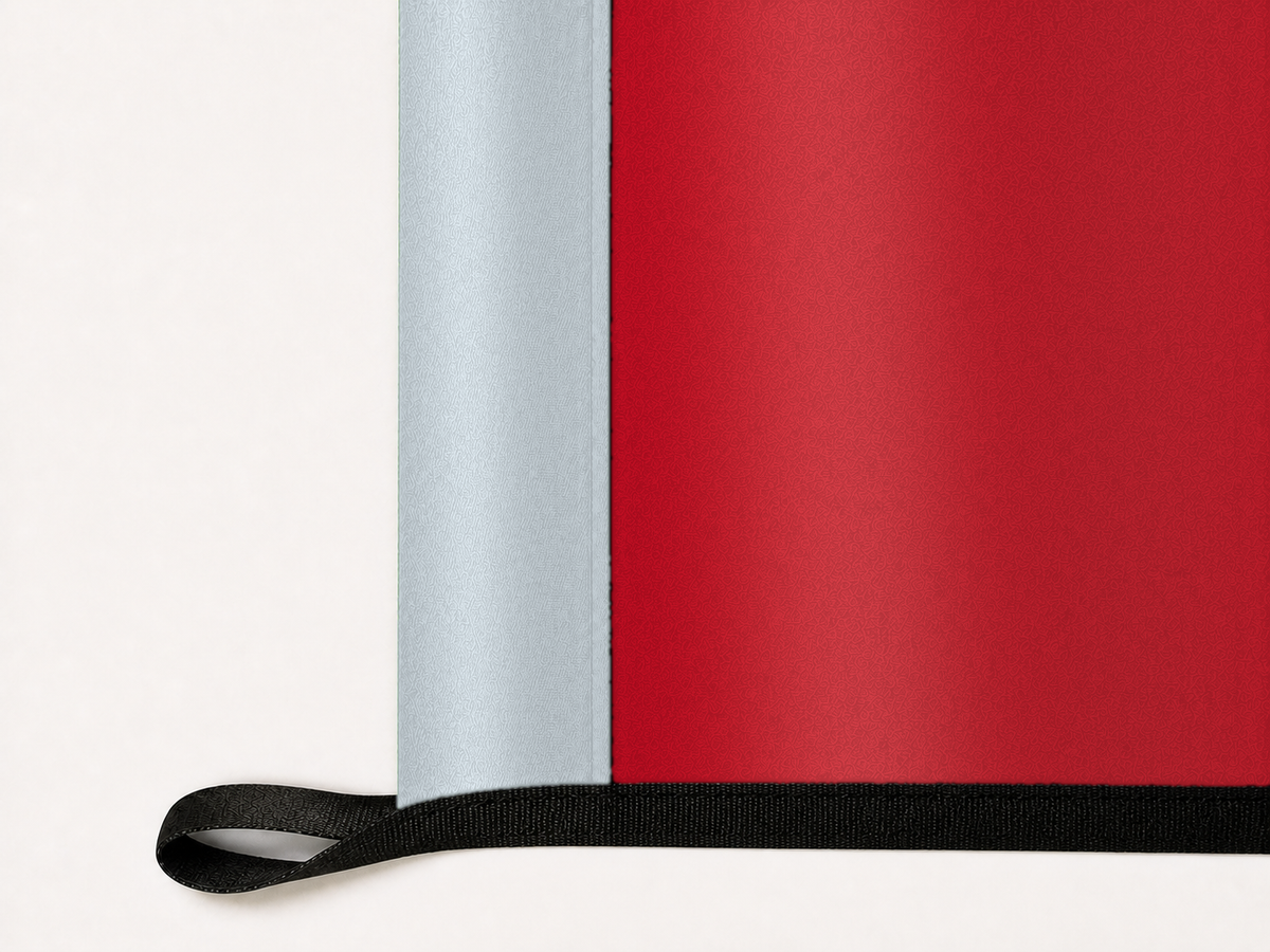 Los Angeles Angels Authentic Gameday Flag underside and personalization construction view — continuous restrained woven-satin Los Angeles Angels Accent header, textured Los Angeles Angels Primary face, lower black loop and perimeter webbing — source_sha256=6a6de7b4ac938744b691e4025eb10c42a0a9aec9b4ae08a0e373037cd9cb4e15