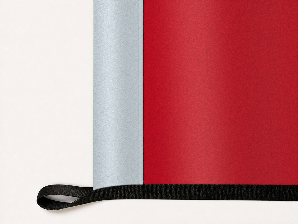 Los Angeles Angels Authentic Gameday Flag underside and personalization construction view — continuous restrained woven-satin Los Angeles Angels Accent header, textured Los Angeles Angels Primary face, lower black loop and perimeter webbing — source_sha256=6a6de7b4ac938744b691e4025eb10c42a0a9aec9b4ae08a0e373037cd9cb4e15