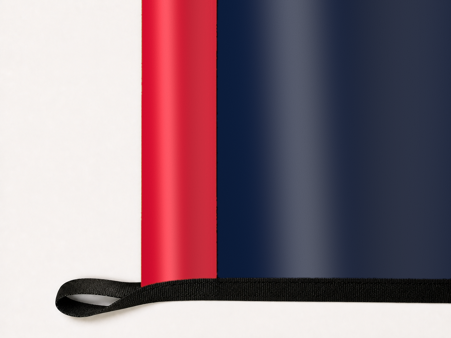 Minnesota Twins Authentic Gameday Flag underside and personalization construction view — continuous restrained woven-satin Minnesota Twins Accent header, textured Minnesota Twins Primary face, lower black loop and perimeter webbing — source_sha256=7d44a235e0ff0ed56ed4e2de5ec41984d1d75ad062df546900ecb0e598f4fb48