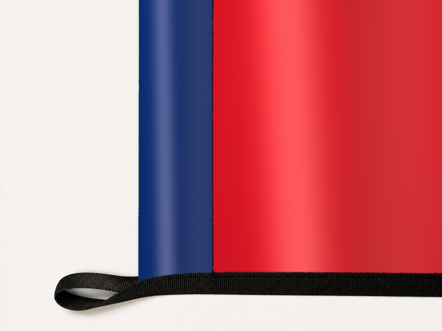 Philadelphia Phillies Authentic Gameday Flag underside and personalization construction view — continuous restrained woven-satin Philadelphia Phillies Accent header, textured Philadelphia Phillies Primary face, lower black loop and perimeter webbing — source_sha256=3af7608b0586ea50e40f431bb8b5565477adbd1569b6230f145a708b31d5903c