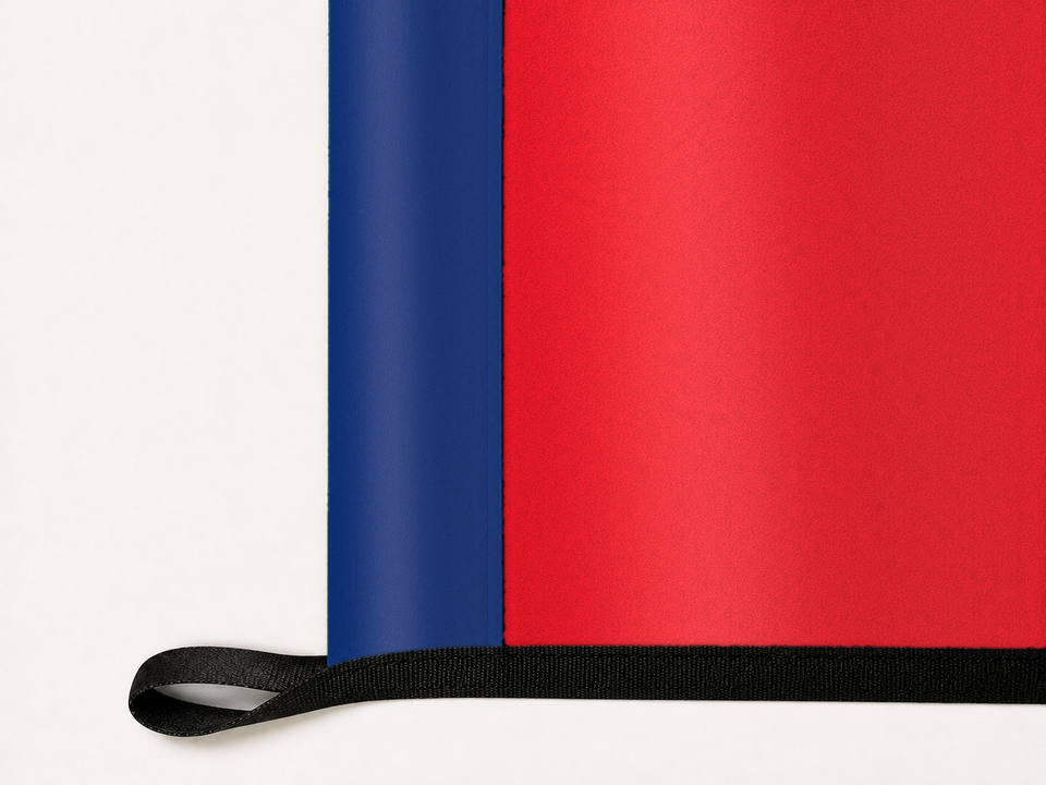 Philadelphia Phillies Authentic Gameday Flag underside and personalization construction view — continuous restrained woven-satin Philadelphia Phillies Accent header, textured Philadelphia Phillies Primary face, lower black loop and perimeter webbing — source_sha256=f875120680e69c7fbd2750d5d129fb113cf70750584ed0d474961c4b37e8057b