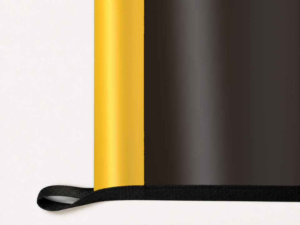 San Diego Padres Authentic Gameday Flag underside and personalization construction view — continuous restrained woven-satin San Diego Padres Accent header, textured San Diego Padres Primary face, lower black loop and perimeter webbing — source_sha256=5fc96a20c562ca71df07198a099906f55ca0819b03667053a0255aa5732958db