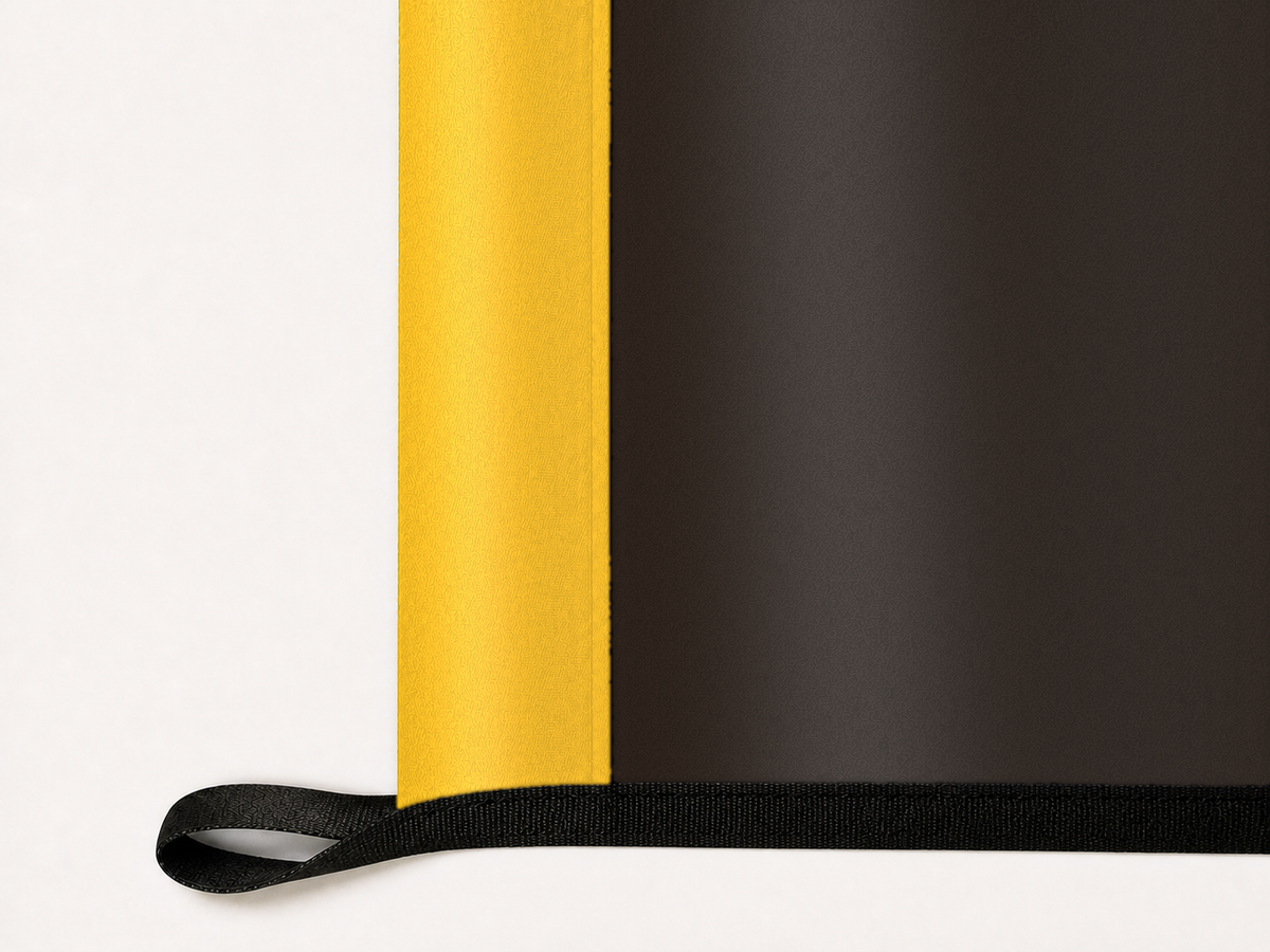 San Diego Padres Authentic Gameday Flag underside and personalization construction view — continuous restrained woven-satin San Diego Padres Accent header, textured San Diego Padres Primary face, lower black loop and perimeter webbing — source_sha256=4d9469628f1f6d408603314c6fa5af366d72d334c4d4e14422c5e57419368e5b
