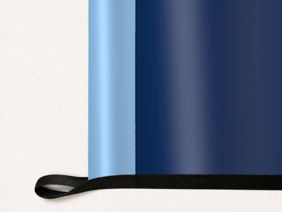 Tampa Bay Rays Authentic Gameday Flag underside and personalization construction view — continuous restrained woven-satin Tampa Bay Rays Accent header, textured Tampa Bay Rays Primary face, lower black loop and perimeter webbing — source_sha256=5d3f93186af01226c73571746a37e0806b7fa5b08394dda29791fe157071199a