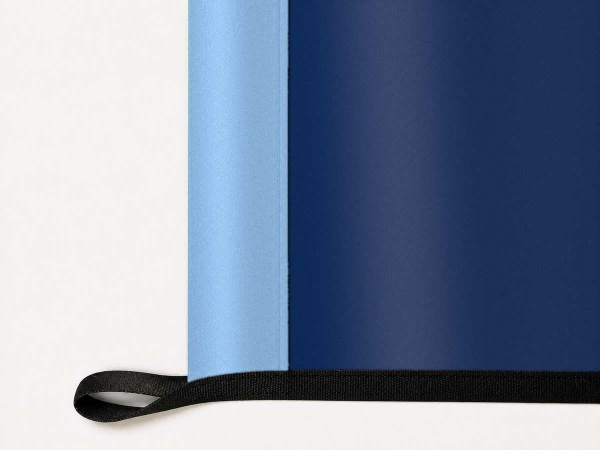 Tampa Bay Rays Authentic Gameday Flag underside and personalization construction view — continuous restrained woven-satin Tampa Bay Rays Accent header, textured Tampa Bay Rays Primary face, lower black loop and perimeter webbing — source_sha256=b86e695f125a9f016b5282ddcc552d57e32dd01cf452260900dd3778954b70cf