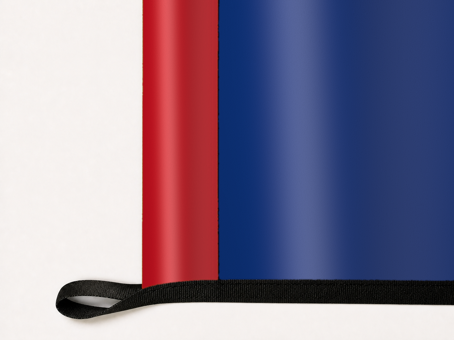 Texas Rangers Authentic Gameday Flag underside and personalization construction view — continuous restrained woven-satin Texas Rangers Accent header, textured Texas Rangers Primary face, lower black loop and perimeter webbing — source_sha256=939e64bb58f7493499c5c52e7d2f1a915e1b2401bc1170e1a80dc54445969223