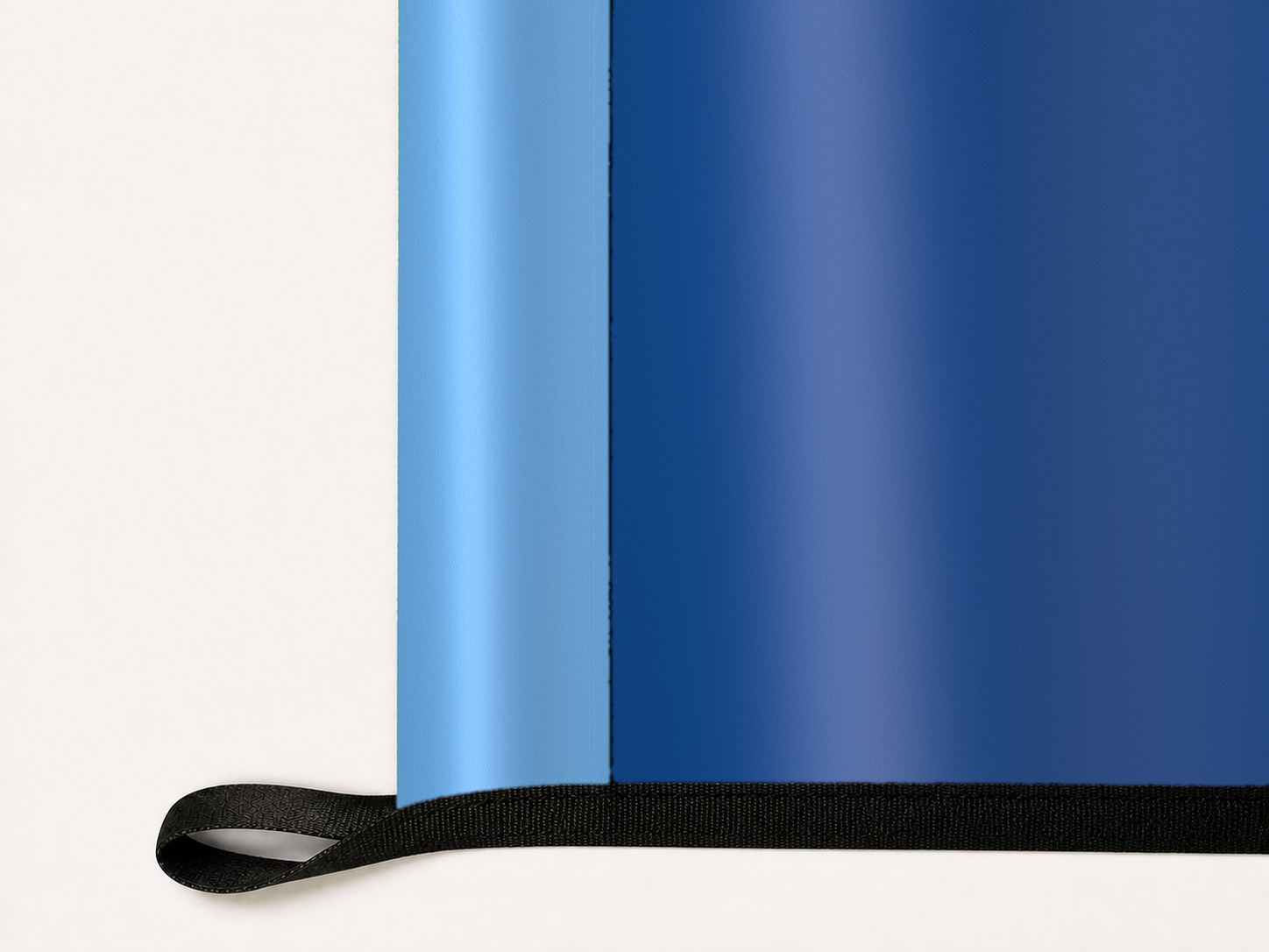 Toronto Blue Jays Authentic Gameday Flag underside and personalization construction view — continuous restrained woven-satin Toronto Blue Jays Accent header, textured Toronto Blue Jays Primary face, lower black loop and perimeter webbing — source_sha256=d8034c450a2257f624af529ac0f1b7173f49d9f0f02552cc8a4b16f41d28217a