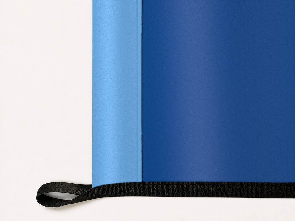 Toronto Blue Jays Authentic Gameday Flag underside and personalization construction view — continuous restrained woven-satin Toronto Blue Jays Accent header, textured Toronto Blue Jays Primary face, lower black loop and perimeter webbing — source_sha256=c1dd885d01809c2e4381282d0809a4bdba510a16008e642dd6da558c8dd8f46e