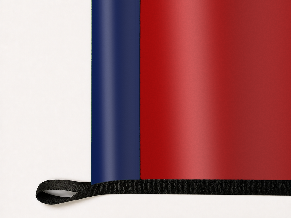 Washington Nationals Authentic Gameday Flag underside and personalization construction view — continuous restrained woven-satin Washington Nationals Accent header, textured Washington Nationals Primary face, lower black loop and perimeter webbing — source_sha256=ede4a26bd0288ca98ac1fd23e8cb97d9c7907fdc72c44167f414aabe85903b57