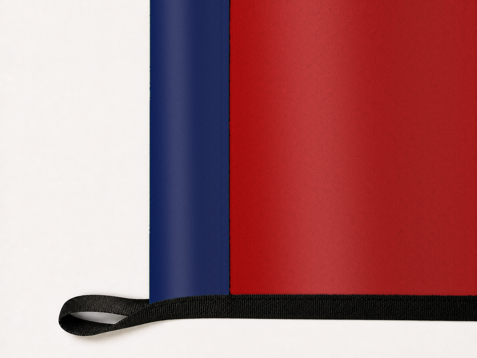 Washington Nationals Authentic Gameday Flag underside and personalization construction view — continuous restrained woven-satin Washington Nationals Accent header, textured Washington Nationals Primary face, lower black loop and perimeter webbing — source_sha256=0ccf9c6a83bdf25e224bf692841fc1a9a5ce56e6404425a3357a60ab7f417b76