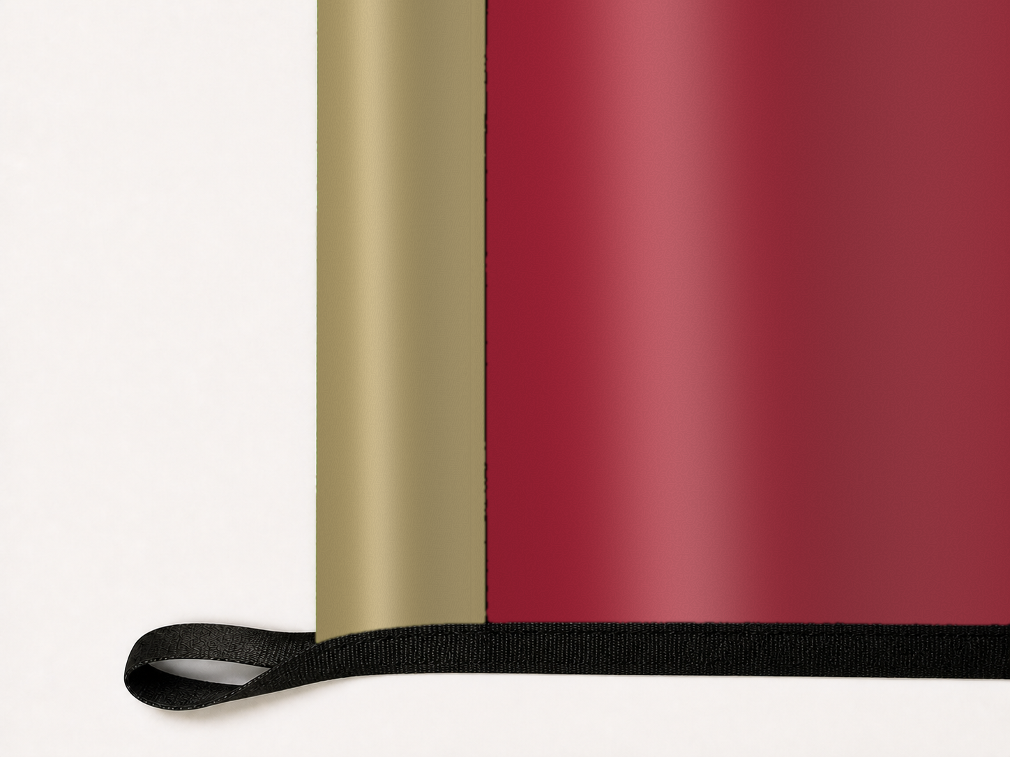 Atlanta United FC Authentic Gameday Flag underside and personalization construction view — continuous restrained woven-satin Atlanta United FC Accent header, textured Atlanta United FC Primary face, lower black loop and perimeter webbing — source_sha256=b793afdf73a8026a11df28314e8e6e57c6ed4b0cc7d3af090d0898e6bc85533e