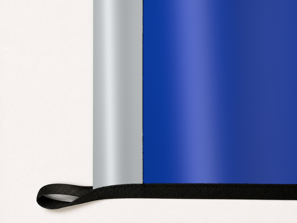 CF Montréal Authentic Gameday Flag underside and personalization construction view — continuous restrained woven-satin CF Montréal Accent header, textured CF Montréal Primary face, lower black loop and perimeter webbing — source_sha256=46776724fb175aa1baa2eab507e292317e716c7c47f6fc537888b60b1c6c8757