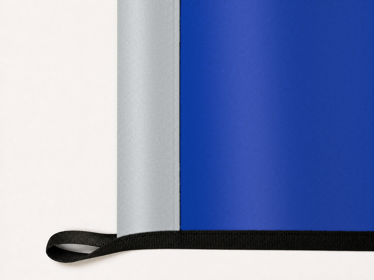 CF Montréal Authentic Gameday Flag underside and personalization construction view — continuous restrained woven-satin CF Montréal Accent header, textured CF Montréal Primary face, lower black loop and perimeter webbing — source_sha256=5ab97c7457987ea405dda378bbdcfcce7da019221405608b611645e6e6f55c18
