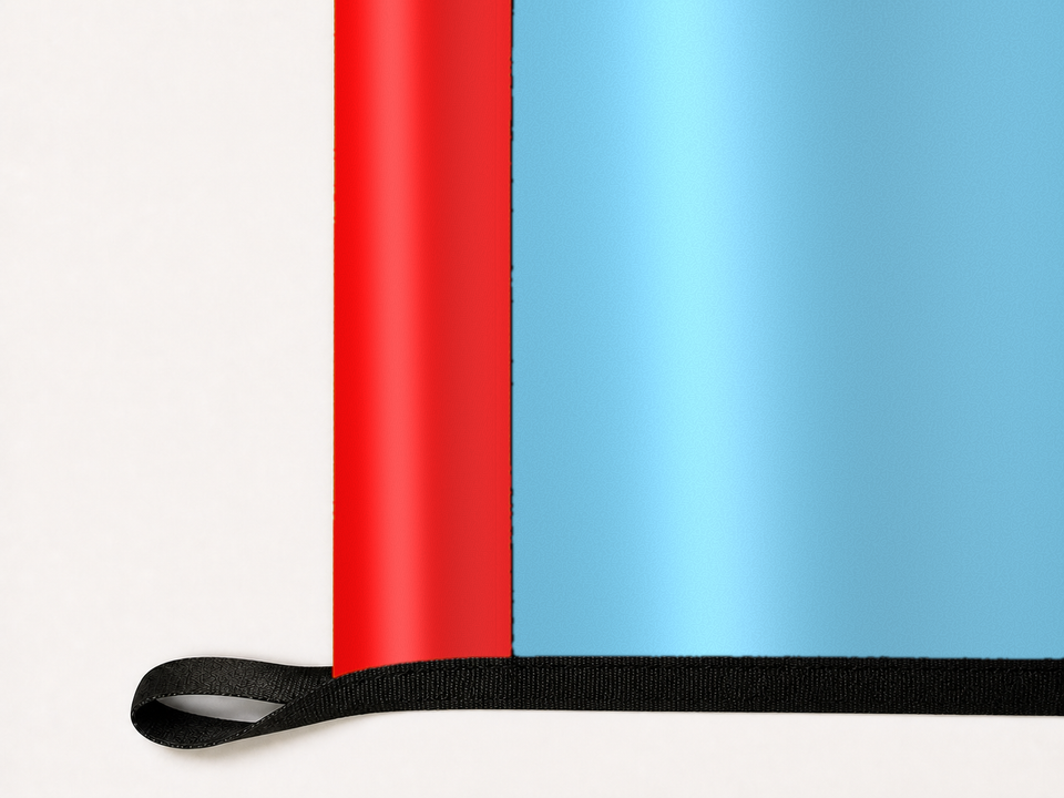 Chicago Fire FC Authentic Gameday Flag underside and personalization construction view — continuous restrained woven-satin Chicago Fire FC Accent header, textured Chicago Fire FC Primary face, lower black loop and perimeter webbing — source_sha256=26096fe5ee469e33c2a6b79b8d893fc2a9f865e4a823abb320ad5ab1f4b16f9f