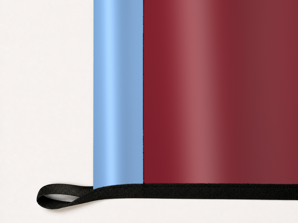 Colorado Rapids Authentic Gameday Flag underside and personalization construction view — continuous restrained woven-satin Colorado Rapids Accent header, textured Colorado Rapids Primary face, lower black loop and perimeter webbing — source_sha256=ec7e26dc43264a8e00cf4ece4c780b4e0b3e6f79bda93fd7ae0689c06b8e808c