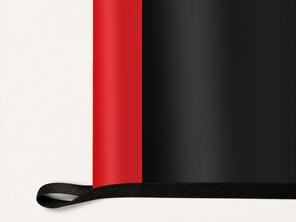 D.C. United Authentic Gameday Flag underside and personalization construction view — continuous restrained woven-satin D.C. United Accent header, textured D.C. United Primary face, lower black loop and perimeter webbing — source_sha256=450d0ec564efda983b38269d72b25aad8d618c85a08b53c1b5d3aa7c4a6d4e81