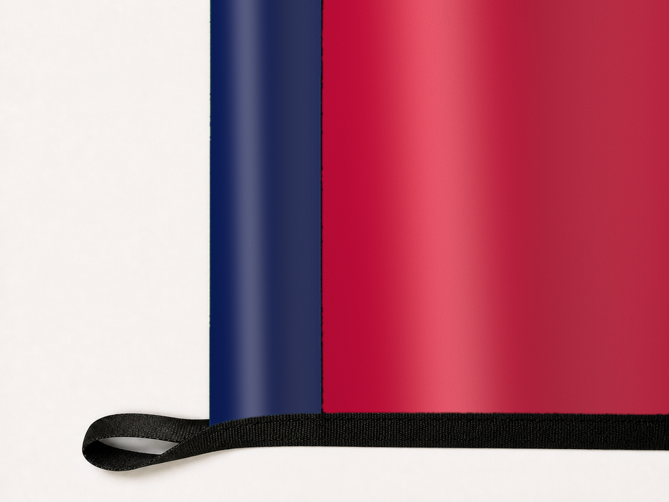 FC Dallas Authentic Gameday Flag underside and personalization construction view — continuous restrained woven-satin FC Dallas Accent header, textured FC Dallas Primary face, lower black loop and perimeter webbing — source_sha256=1565c0c7834ec6c4a12f01ff72246ff0126ca7d3f7fd11d3b5e5989164734b27